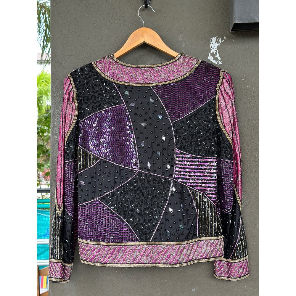 Vintage 80s Judith Ann Creations Multicolor Beaded Sequins Silk Patchwork Jacket - Picture 6 of 14